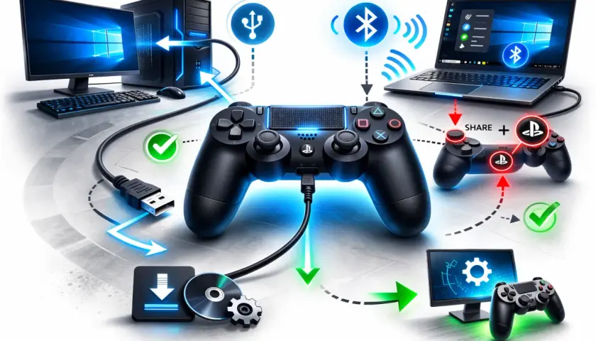 Ilustracja przedstawia podłączanie pada PS5 do komputera PC za pomocą kabla USB i Bluetooth.